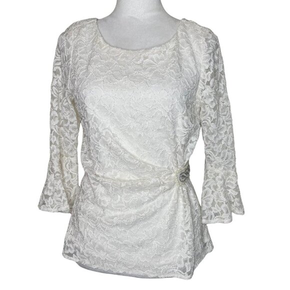 Scarlett Tops - Scarlett Ivory Gold Lace Bell Sleeve Ruched Embellished Bead Accent Blouse Top M